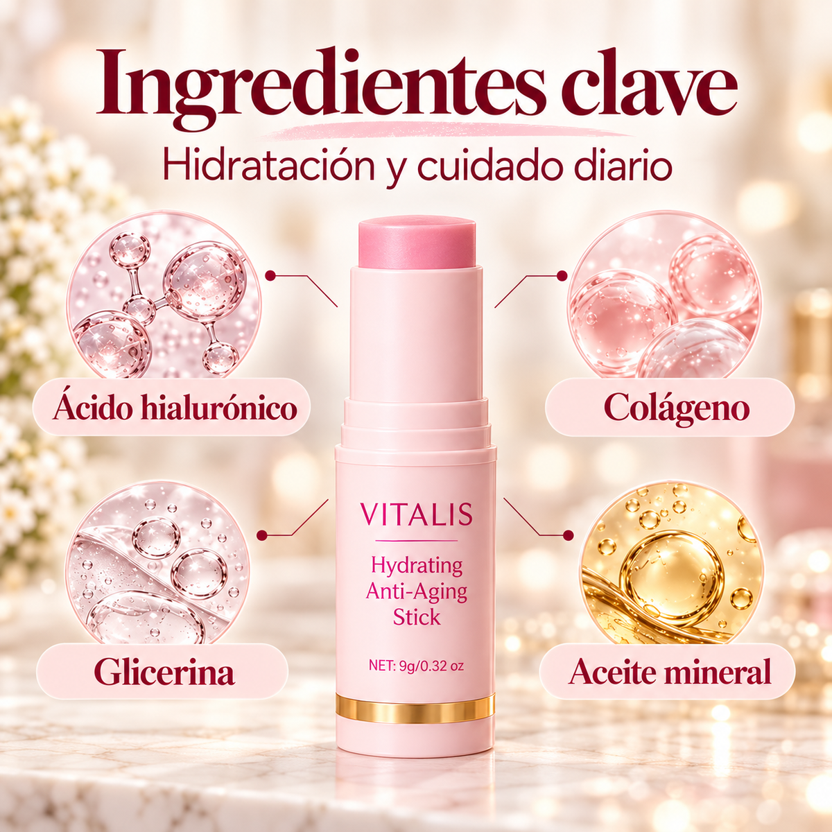 VITALIS stick hidratante abierto sobre mármol